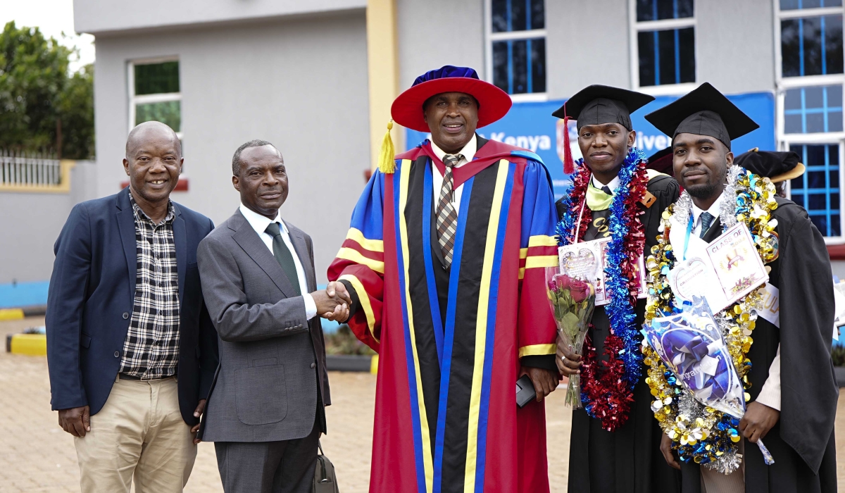  Prof. Simon Gicharu appreciates Bisimwa Bahagare Jean, a parent from the Democratic Republic of Congo (DRC), who attended the graduation of his son, Mulindwa Bahagare (first on the right), along with his friend, Iragi Cibalonza Alain, in Thika, Kenya. Also present was  Henry Musisi, the Director of Corporate Communications and Marketing. The two students graduated from the School of Business in Rwanda.