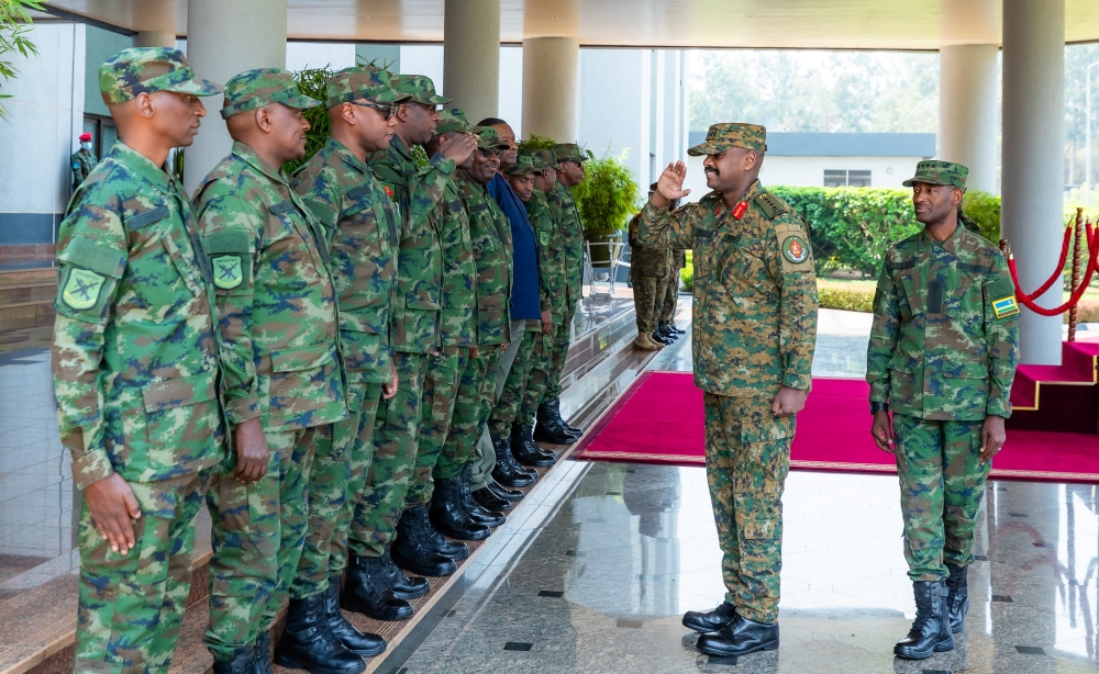 Gen Muhoozi Kainerugaba, the Uganda People&#039;s Defence Forces Chief of Defence Forces greets RDF senior officers on his  arrival at RDF headquarters at Kimihurura in Kigali on Monday, August 12. Courtesy