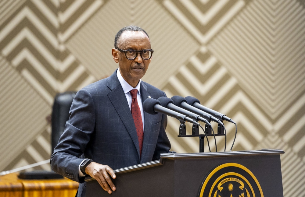 President Paul Kagame delivers his remarks during the swearing-in ceremony of the new Members of Parliament on Wednesday, August 14. Photo by Olivier Mugwiza