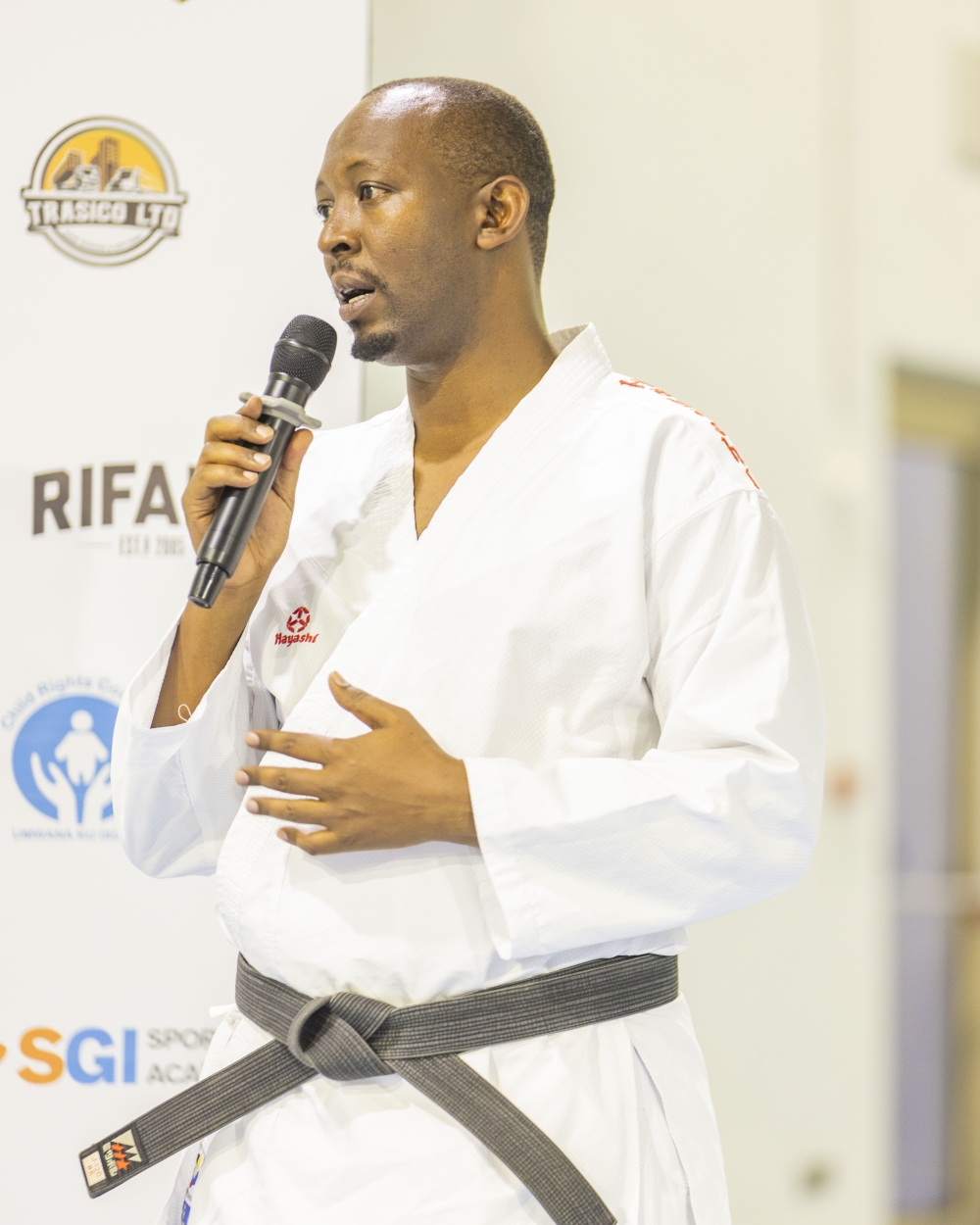 Rwanda Karate Federation President Damien Niyongabo speaks at the start of the fifth Japan Karate Association-Rwanda international Karate technical seminar in Kigali on Wednesday, August 14.