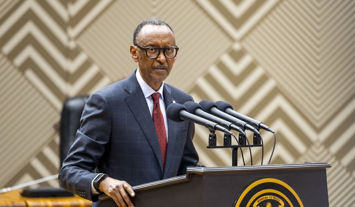 President Paul Kagame delivers his remarks during the swearing-in ceremony of the new Members of Parliament on Wednesday, August 14. Photo by Olivier Mugwiza