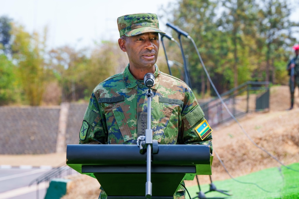 Rwanda Defence Force Chief of Defence Staff, Gen. Mubarakh Muganga delivers remarks during the closing ceremony of the training held at Rwanda Military Academy GAKO, on Wednesday, August 14. Courtesy