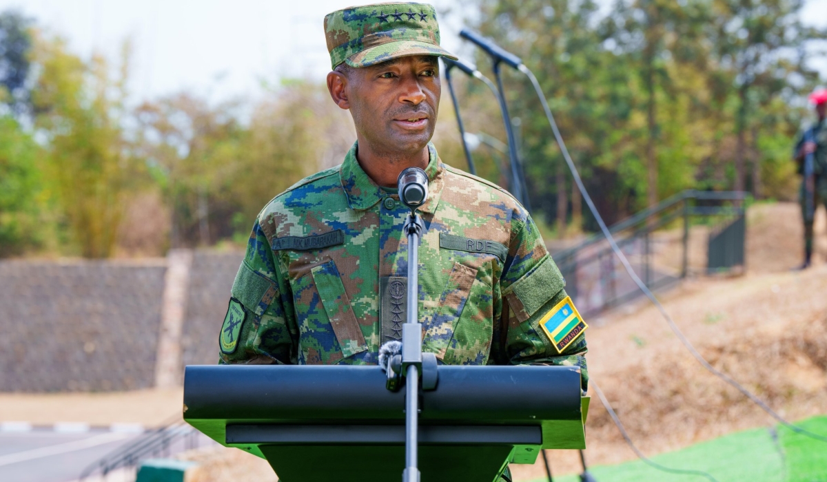 Rwanda Defence Force Chief of Defence Staff, Gen. Mubarakh Muganga delivers remarks during the closing ceremony of the training held at Rwanda Military Academy GAKO, on Wednesday, August 14. Courtesy