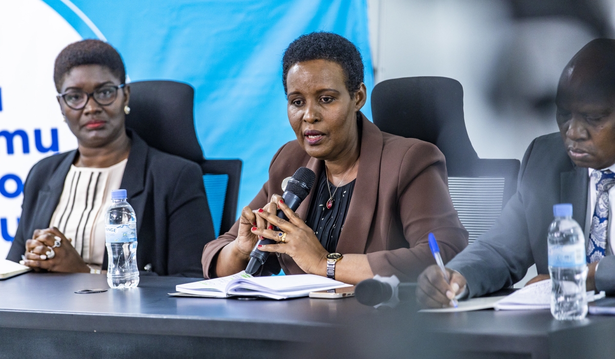 NEC Chairperson Oda Gasinzigwa addresses journalists in May. NEC, on August 17, published a list of 32 candidates for senatorial elections scheduled for September. PHOTO BY EMMANUEL DUSHIMIMANA