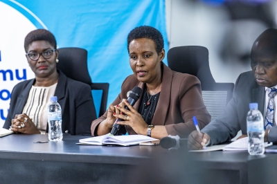 NEC Chairperson Oda Gasinzigwa addresses journalists in May. NEC, on August 17, published a list of 32 candidates for senatorial elections scheduled for September. PHOTO BY EMMANUEL DUSHIMIMANA