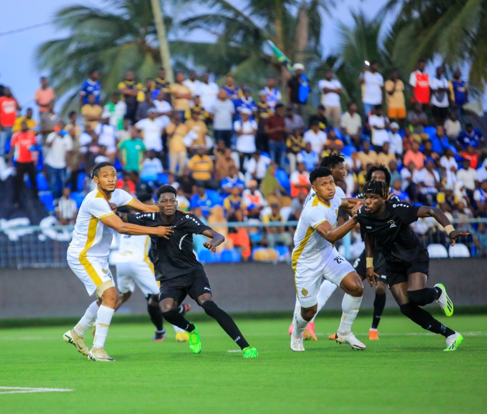 APR FC and AZAM FC players battle for the ball during 0-1 game in Tanzania on Sunday, August 18.