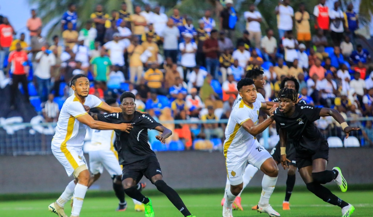 APR FC and AZAM FC players battle for the ball during 0-1 game in Tanzania on Sunday, August 18.