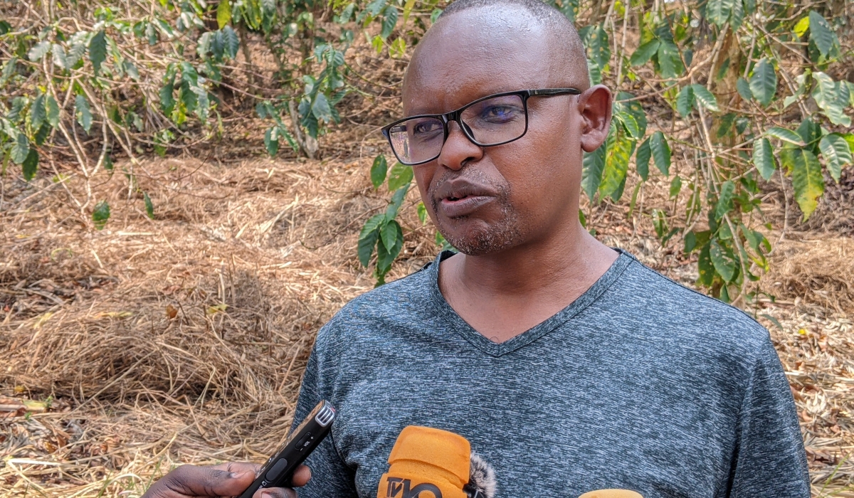 Eric Kabayiza, Single Project Implementation Unit (SPIU) Coordinator, speaks to journalists on replacement of aging coffee trees in Nyamasheke district. Photos By Germain Nsanzimana 