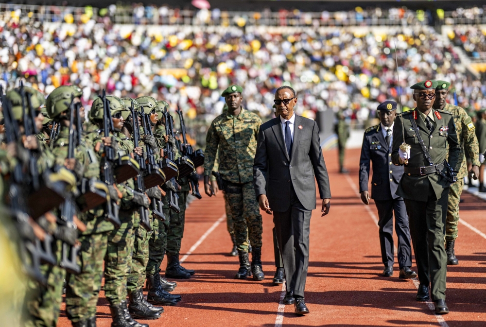 President Paul Kagame, the Commander-In-Chief of the Rwanda Defence Force, inspects a military parade at Amahoro Stadium during his swearing-in ceremony on Sunday, August 11. Photo by Village Urugwiro