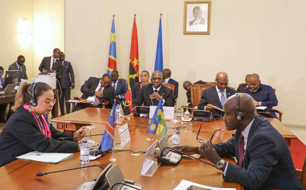 Rwanda&#039;s Minister of Foreign Affairs and International Cooperation Olivier Nduhungirehe and  DR Congos Minister of Foreign Affairs Therese Kayikwamba Wagner during the meeting in Luanda on Tuesday July 30. Courtesy