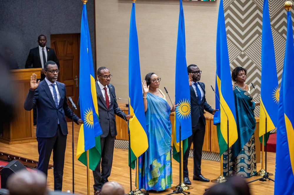 (L-R) Cabinet members Richard Nyirishema, the new Minister of Sports, Minister in charge of Emergency Management Maj. Gen. (Rtd) Albert Murasira, Valentine Uwamariya Minister of Environment, Prudence Sebahizi, the new Minister of Trade and Industry,  and  Christine Nkulikiyinka, the Minister of Public Service and Labour,  took oath of office on Monday, August 19. PHOTOS BY DAN GATSINZI