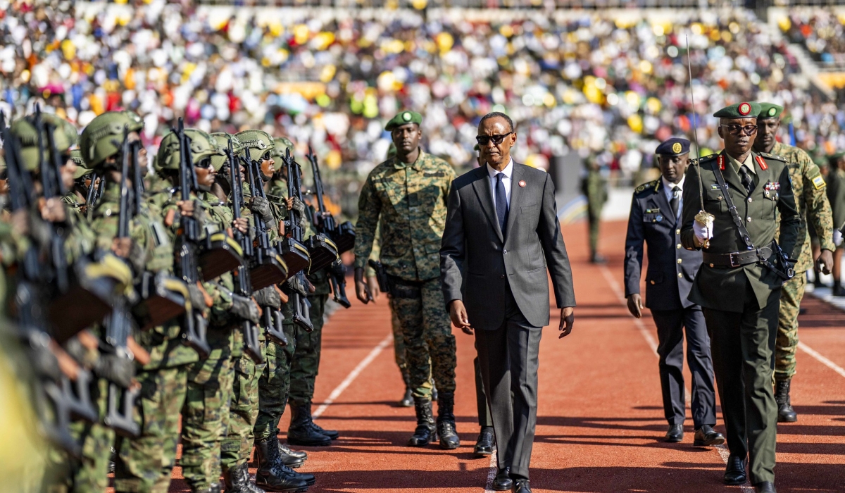 President Paul Kagame, the Commander-In-Chief of the Rwanda Defence Force, inspects a military parade at Amahoro Stadium during his swearing-in ceremony on Sunday, August 11. Photo by Village Urugwiro