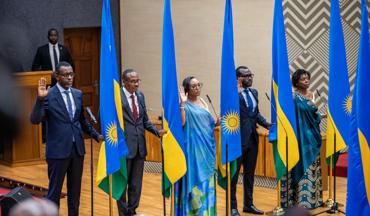 (L-R) Cabinet members Richard Nyirishema, the new Minister of Sports, Minister in charge of Emergency Management Maj. Gen. (Rtd) Albert Murasira, Valentine Uwamariya Minister of Environment, Prudence Sebahizi, the new Minister of Trade and Industry,  and  Christine Nkulikiyinka, the Minister of Public Service and Labour,  took oath of office on Monday, August 19. PHOTOS BY DAN GATSINZI