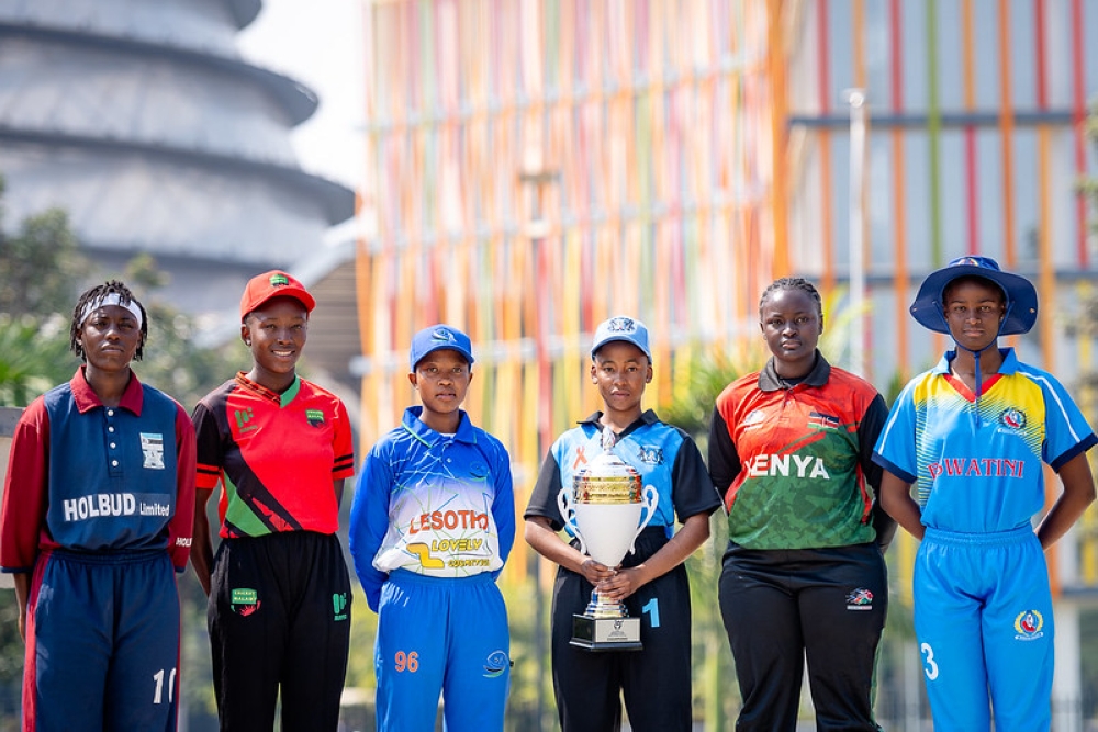 Captains of participating teams pose with the ICC U19 Women&#039;s T20 World Cup Africa Division 2 Qualifier trophy.