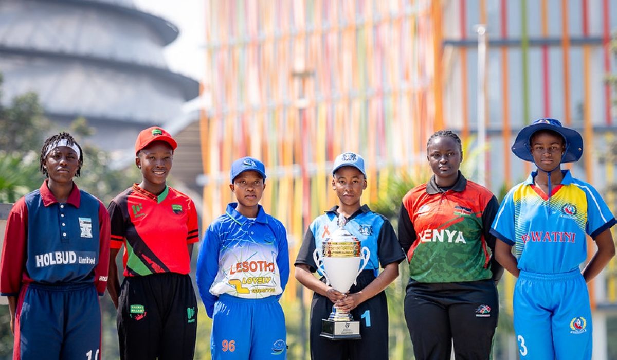 Captains of participating teams pose with the ICC U19 Women&#039;s T20 World Cup Africa Division 2 Qualifier trophy.