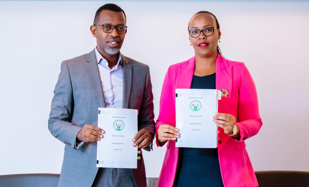 Richard Nyirishema, the newly appointed Minister of Sports and the outgoing Minister Aurore Mimosa Munyangaju during the handover on Tuesday, August 20. Courtesy