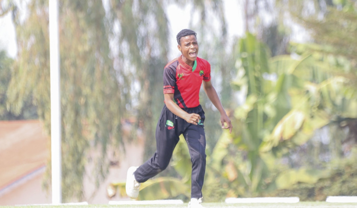 Malawi&#039;s left-arm medium pace bowler Evah Kabwere celebrates one of her wickets against Eswatini. She recorded a career best 6 for 5 in her 4 overs to also claim the Player of Match award- Courtesy