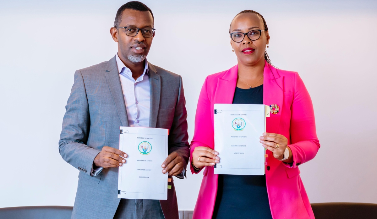 Richard Nyirishema, the newly appointed Minister of Sports and the outgoing Minister Aurore Mimosa Munyangaju during the handover on Tuesday, August 20. Courtesy