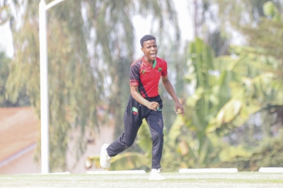 Malawi&#039;s left-arm medium pace bowler Evah Kabwere celebrates one of her wickets against Eswatini. She recorded a career best 6 for 5 in her 4 overs to also claim the Player of Match award- Courtesy