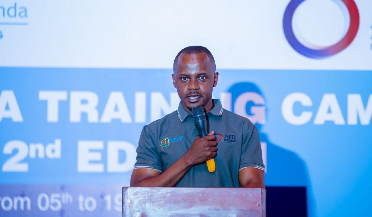 Permanent Secretary of the Ministry of Sports, Niyonkuru Zephanie delivers his remarks during a complete two-week Isonga training camp in Nyanza District. August 18 Courtesy