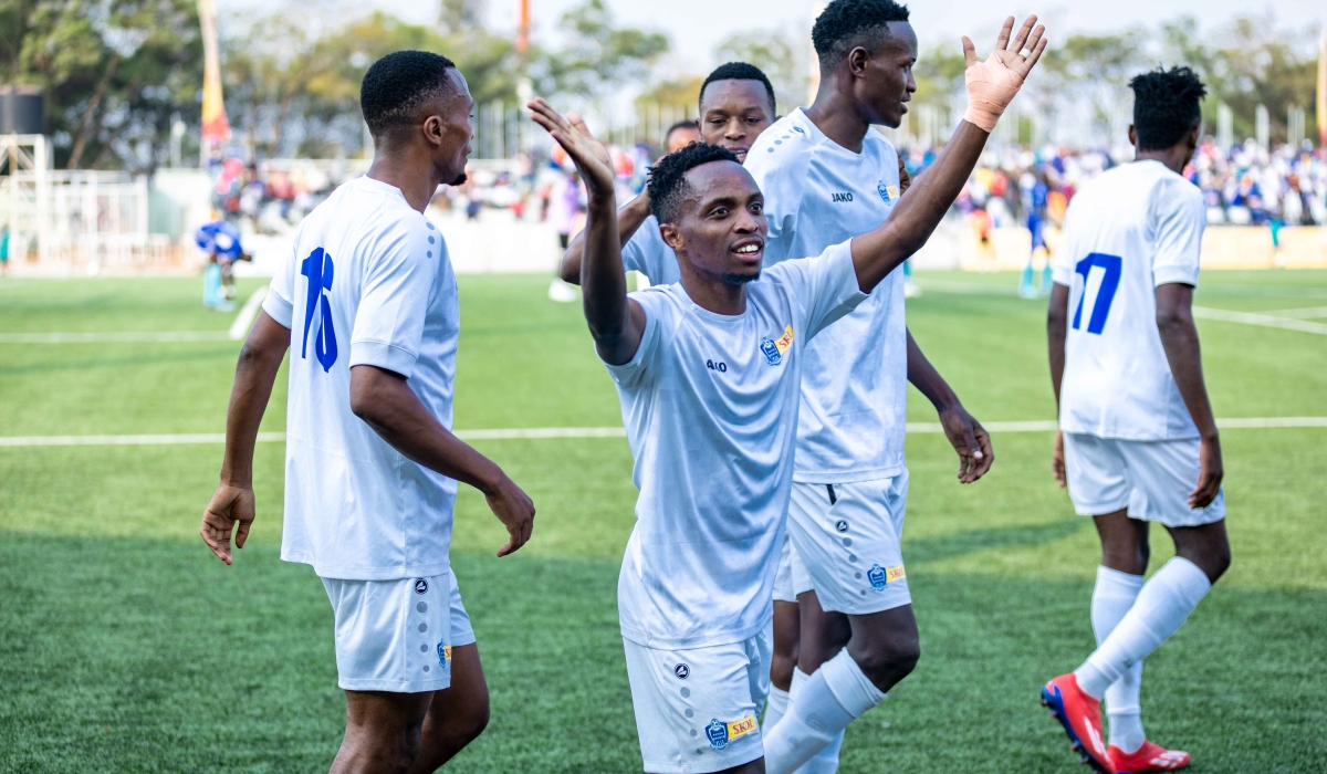 Rayon Sports goal scorer forward Fiston Ishimwe and teammates celebrate the goal during the match held at Kigali Pelé Stadium on Saturday.  Photo by Craish Bahizi