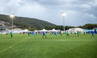 President Paul Kagame (3rd-right) participated in a ceremonial match with global football leaders and legends to officially open then newly renovated and rebranded Kigali Pele Stadium on March 15, 2023. PHOTO BY OLIVIER MUGWIZA