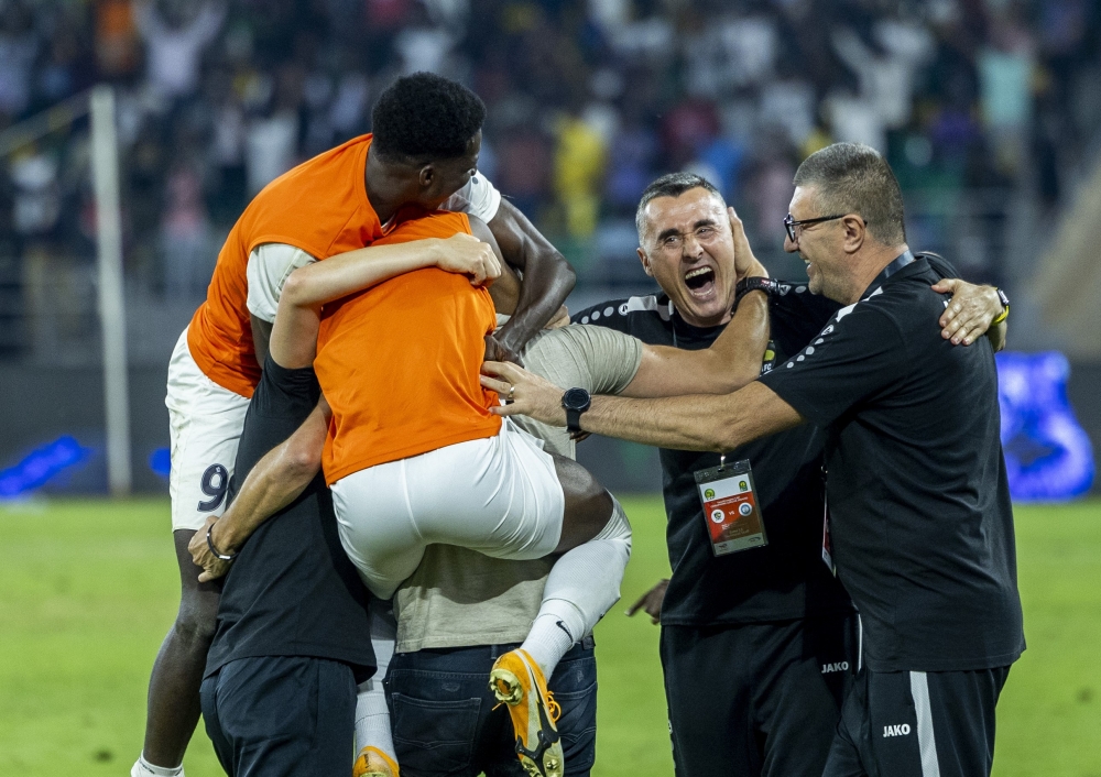 APR FC head coach and his assistants celebrate the 2-0 win over AZAM FC at Amahoro Stadium on Saturday, August 24. APR FC saw off Tanzanian outfit Azam with a 2-1 aggregate victory to advance to the next round of the 2024 CAF Champions League. Photos by Olivier Mugwiza