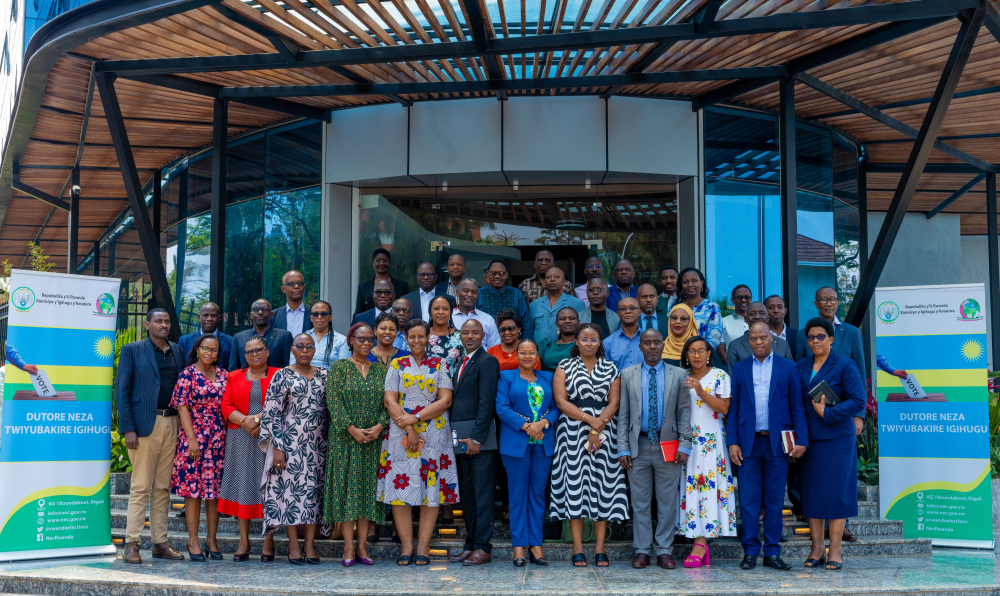 Candidates for the September senatorial elections pose for a photo with NEC officials, after the electoral body had a meeting with them, on August 23, 2024, at its headquarters in Kigali, ahead of the campaign (Courtesy)