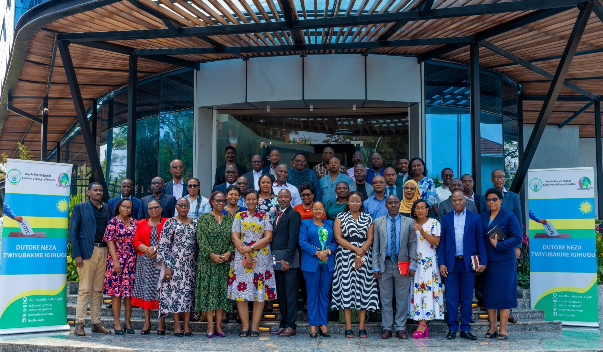 Candidates for the September senatorial elections pose for a photo with NEC officials, after the electoral body had a meeting with them, on August 23, 2024, at its headquarters in Kigali, ahead of the campaign (Courtesy)