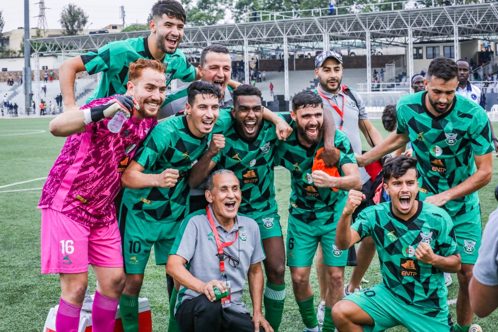 CS Constantine players and staff celebrate the 2-1 win over Police F. The visitors came from behind to beat them 2-1 at Kigali Pele Stadium on Sunday, August 25, in the second leg of the CAF Confederation Cup preliminary round. All photos by Craish Bahizi