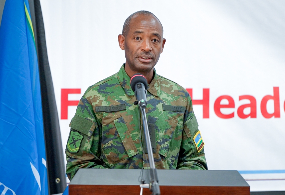 The RDF Chief of Defence Staff (CDS), General MK Mubarakh delivers remarks as he launched the Force Headquarters Staff Officers Training of Trainers Course at the Rwanda Peace Academy (RPA) in Musanze District.