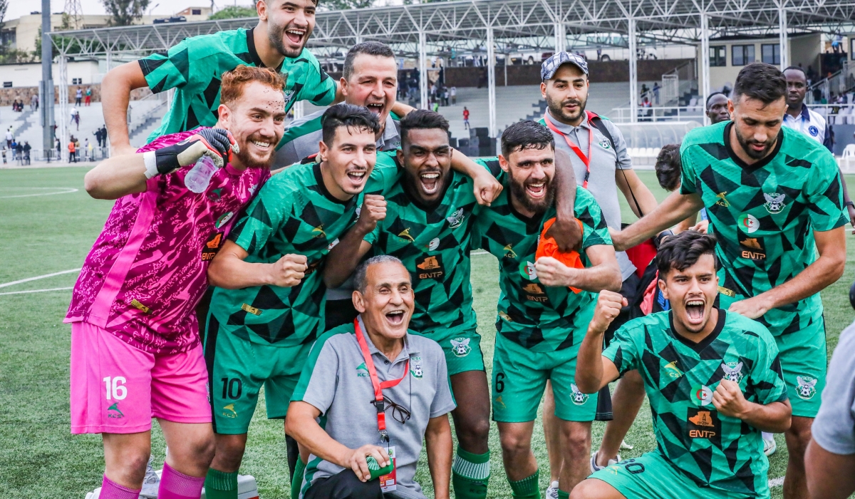 CS Constantine players and staff celebrate the 2-1 win over Police F. The visitors came from behind to beat them 2-1 at Kigali Pele Stadium on Sunday, August 25, in the second leg of the CAF Confederation Cup preliminary round. All photos by Craish Bahizi