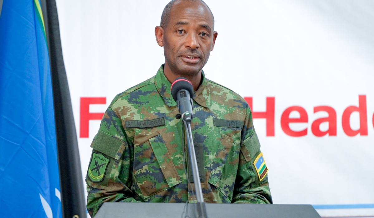 The RDF Chief of Defence Staff (CDS), General MK Mubarakh delivers remarks as he launched the Force Headquarters Staff Officers Training of Trainers Course at the Rwanda Peace Academy (RPA) in Musanze District.