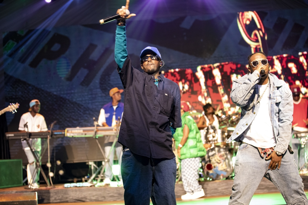 Rwandan Hip Hop legends  Riderman and Bulldog perform at Icyumba cy’Amategeko concert on Saturday, August 24. Photo by Emmanuel Dushimimana.