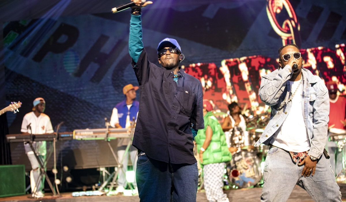 Rwandan Hip Hop legends  Riderman and Bulldog perform at Icyumba cy’Amategeko concert on Saturday, August 24. Photo by Emmanuel Dushimimana.