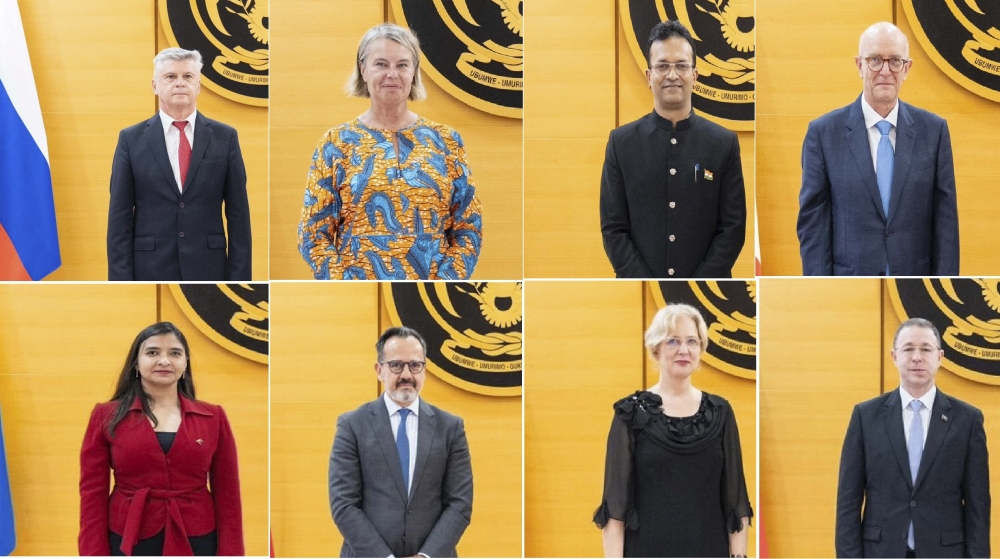 (L-R) Ambassador Alexander Polyakov of Russia, High Commissioner Alison Heather Thorpe of the United Kingdom, High Commissioner Mridu Pawan Das of India, Ambassador Mauro Massoni of Italy, (L-R) Ambassador Fátima Yesenia Fernandes Juárez of Venezuela, Ambassador Enrique Javier Ochoa Martínez of Mexico, Ambassador Genţiana Şerbu of Romania and Ambassador Ruslan Rafael oglu Nasibov of Azerbaijan. Photo by Village Urugwiro