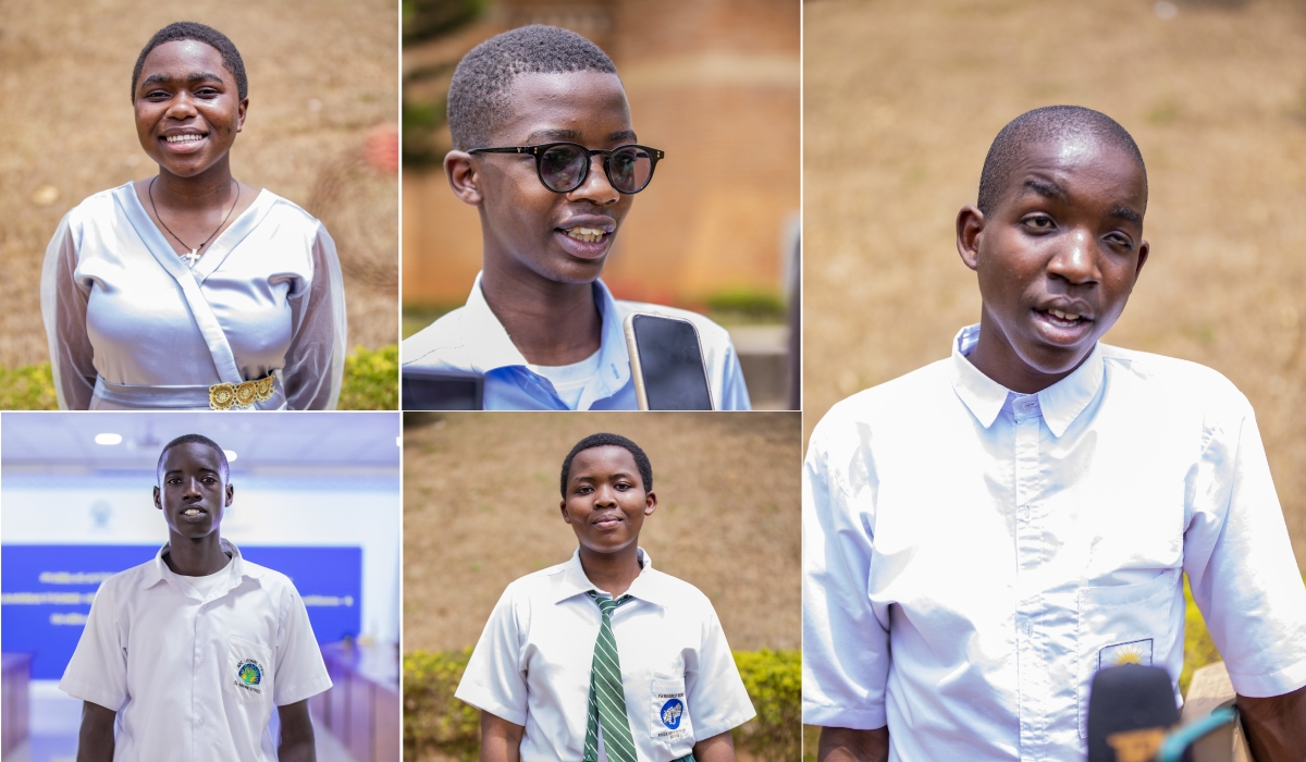 O Level national examination winners: Alia Ange Stevine Telimbere Ineza , Denys Prince Tuyisenge, Aaron Twarimitswe, Happiness Mary Abeza and Jean de Dieu Niyonzima, during the interview on Tuesday, August 27. Photos by Emmanuel Dushimimana 