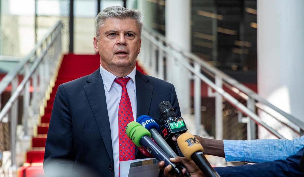 Ambassador of Russia to Rwanda Alexander Polyakov  speaks to journalists after presenting his letters of credence to President Paul Kagame on Wednesday, August 28. Photo by Dan Gatsinzi