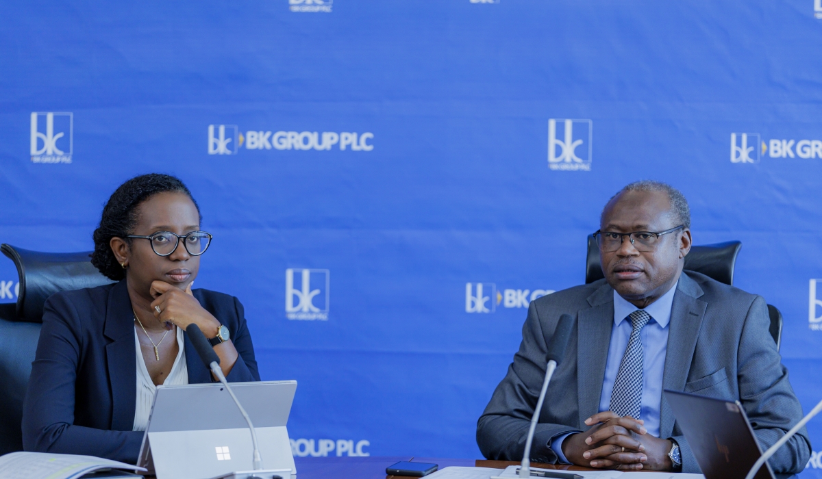 Dr. Diane Karusisi, CEO of Bank of Kigali, and Dr. Uzziel Ndagijimana, BK Group Chief Executive Officer, during the press conference in Kigali  on August 30,