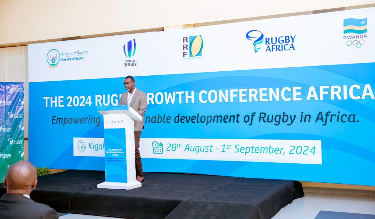 Sports Minister Richard Nyirishema addresses delegates at the conference. Courtesy