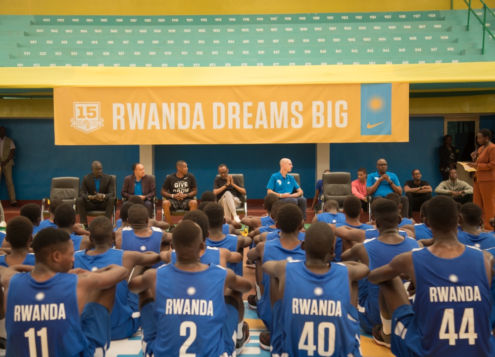 President Kagame and NBA officials meeting young talents at Petit Stade through Giants of Africa&#039;s talent detection programme, on August 6, 2018. File