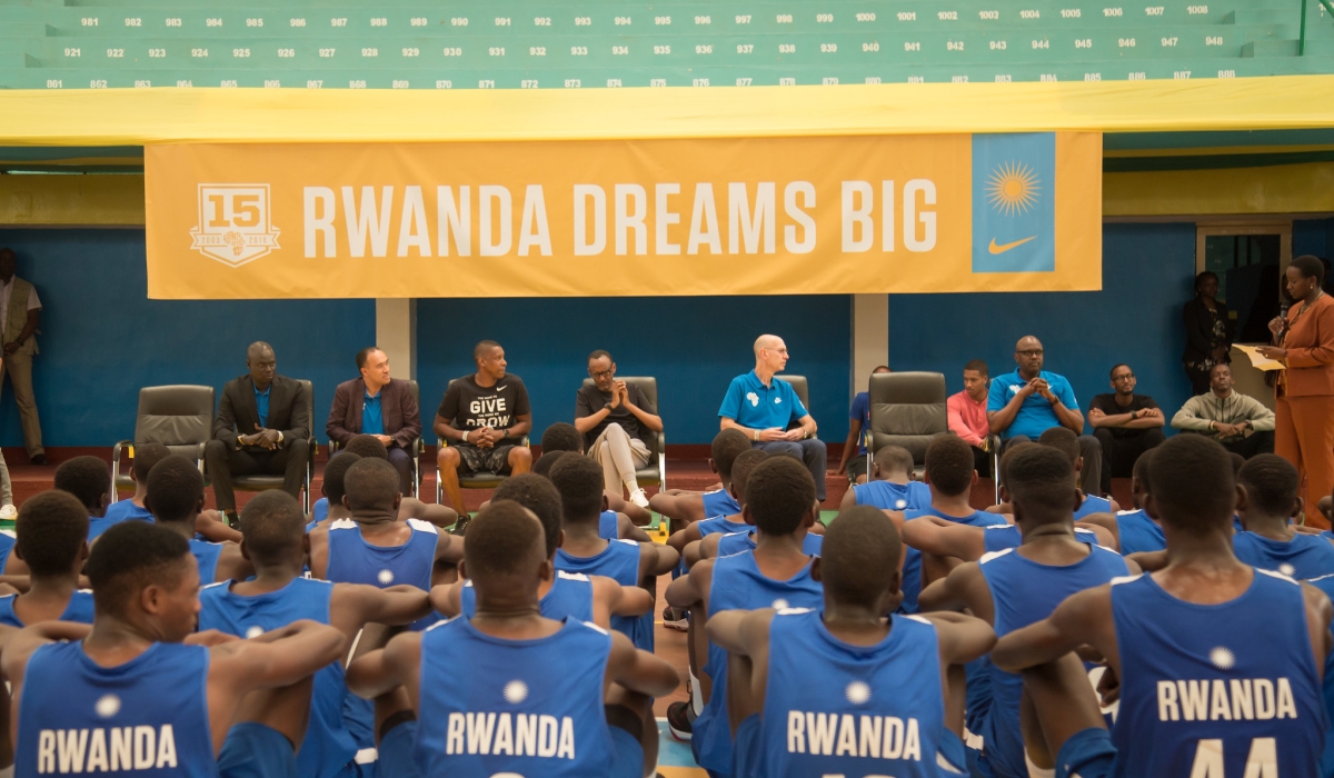 President Kagame and NBA officials meeting young talents at Petit Stade through Giants of Africa&#039;s talent detection programme, on August 6, 2018. File