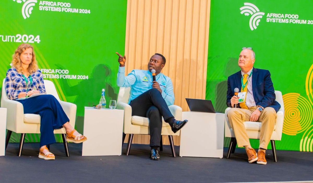 Emmanuel Ndayizigiye, Chief Executive Officer of Yalla Yalla Group (C) speaks on a panel discussion  at Africa Food Systems Forum in Kigali on Monday, September 2. COURTESY