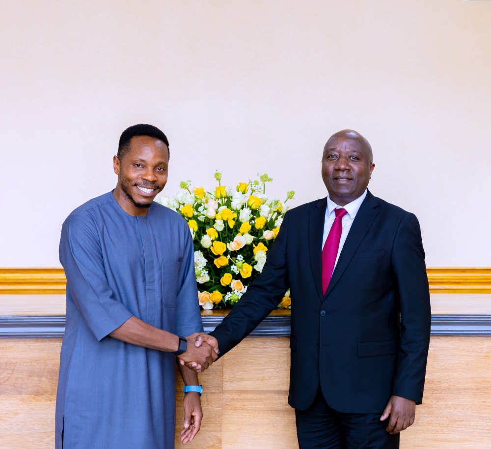 Prime Minister Edouard Ngirente meets with Sierra Leone’s Chief Minister and Chief Innovation Officer, David Moinina Sengeh in Kigali  on August 3. Courtesy