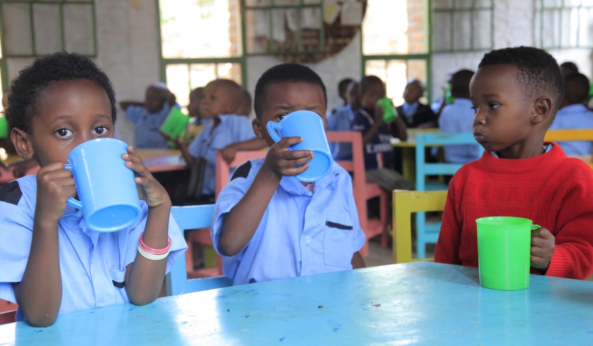 Children take porridge at Mageragere ECD centre in Nyarugenge District. Sam Ngendahimana