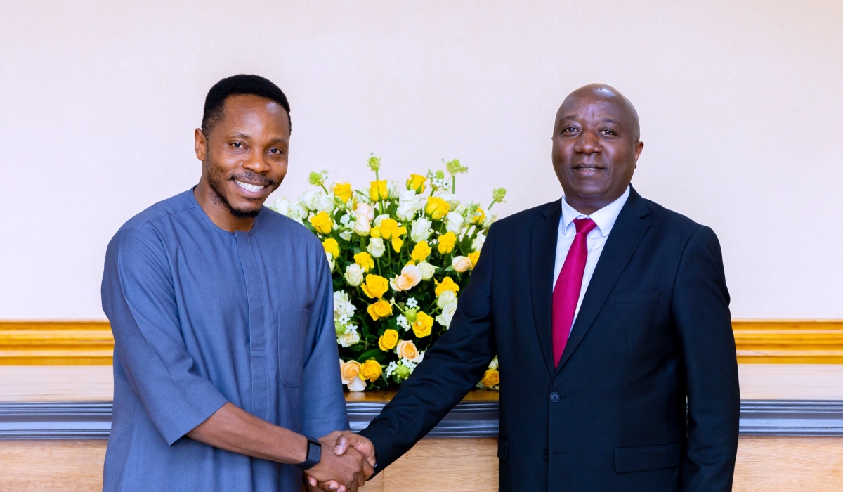 Prime Minister Edouard Ngirente meets with Sierra Leone’s Chief Minister and Chief Innovation Officer, David Moinina Sengeh in Kigali  on August 3. Courtesy