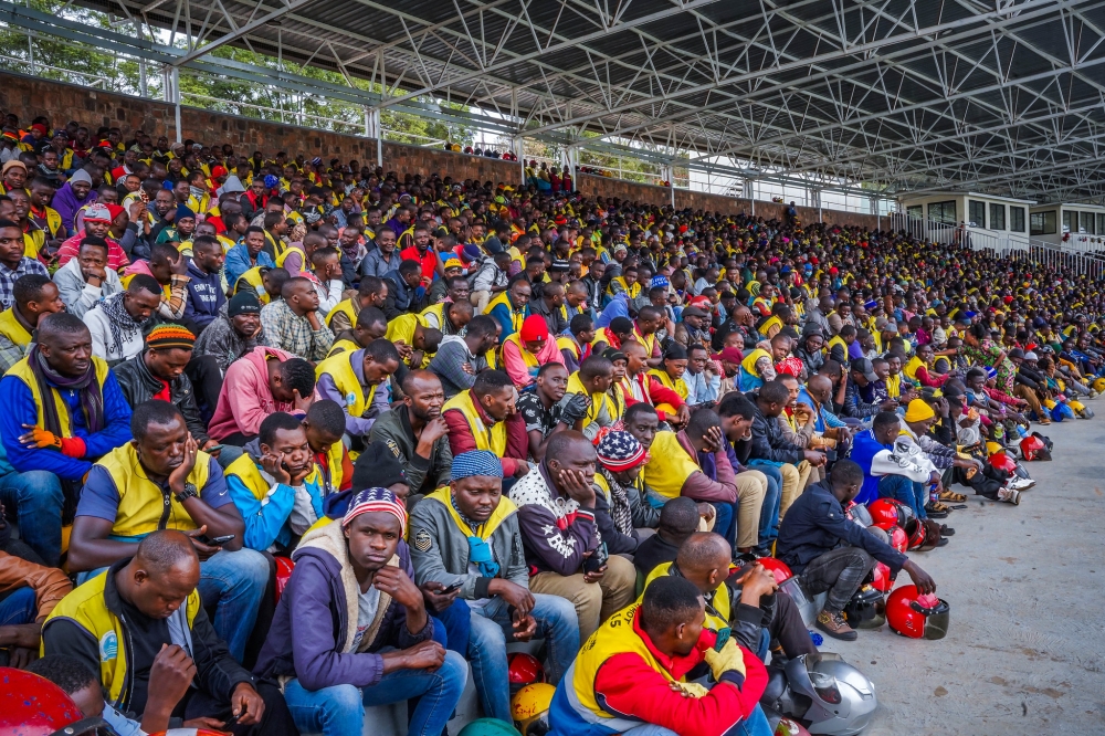 Thousands of taxi-moto riders during a general meeting with City of Kigali officials and Police at Kigali Pele stadium on Wednesday, September 4. All photos by Craish Bahizi