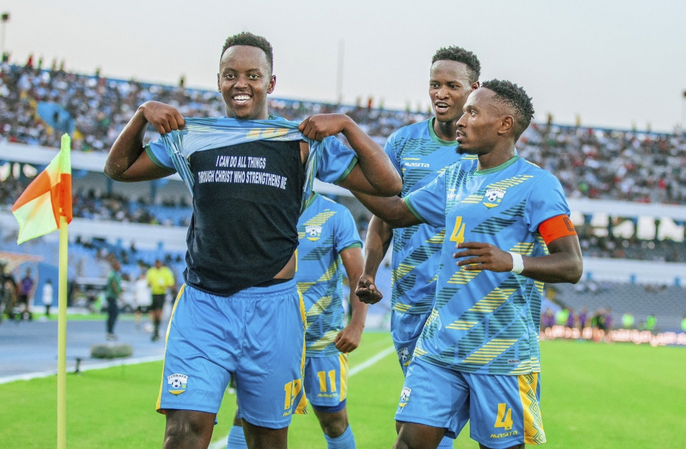 National team striker Innocent Nshuti celebrates the goal with teammates during a 1-1 draw against Libya in a 2025 Africa Cup of Nations (AFCON) qualifier in Tripoli in Libya. Courtesy