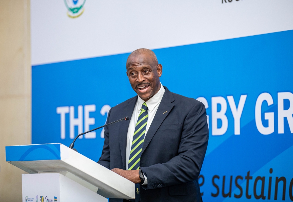 Herbert Mensah, the President of Rugby Africa, the continental governing body of rugby speaks  during Rugby conference in Kigali on August 28. Dan Gatsinzi