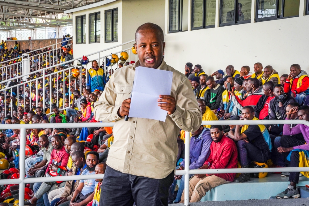 Samuel Dusengiyumva, the Mayor of the City of Kigali addresses taxi-moto riders during a meeting at Kigali Pele stadium. Photos by Craish Bahizi